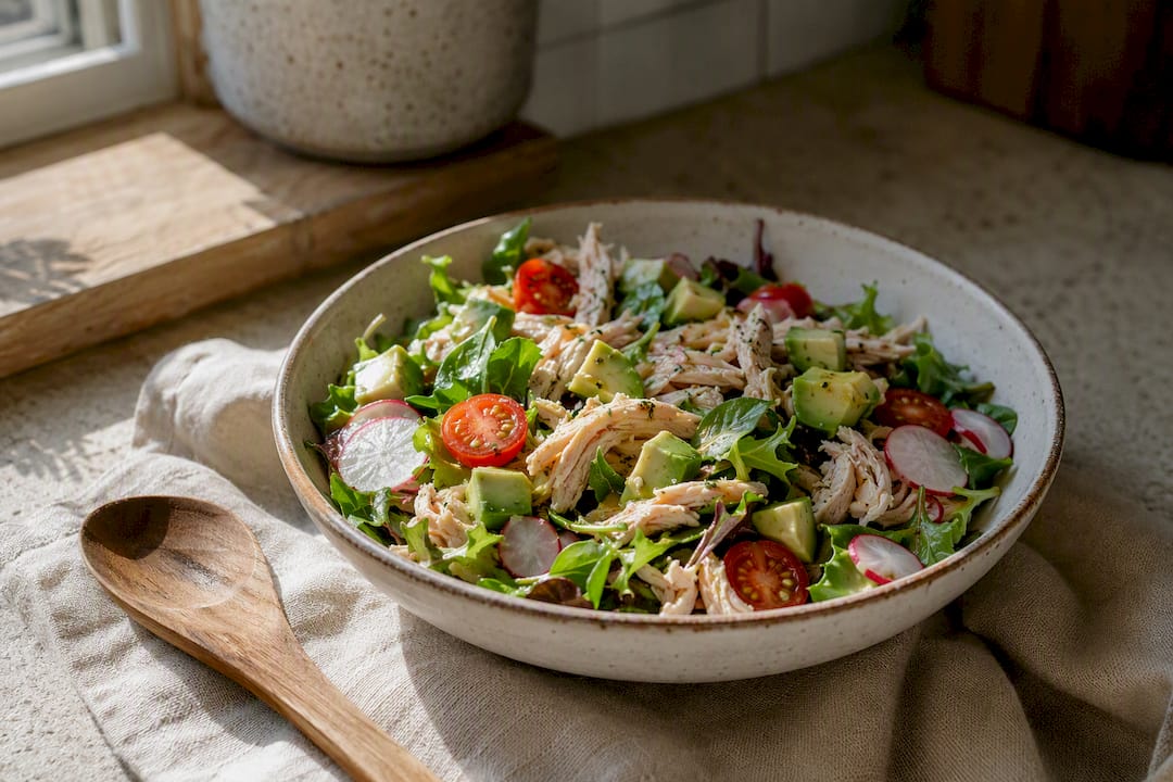 Chicken salad bowl with fresh vegetables