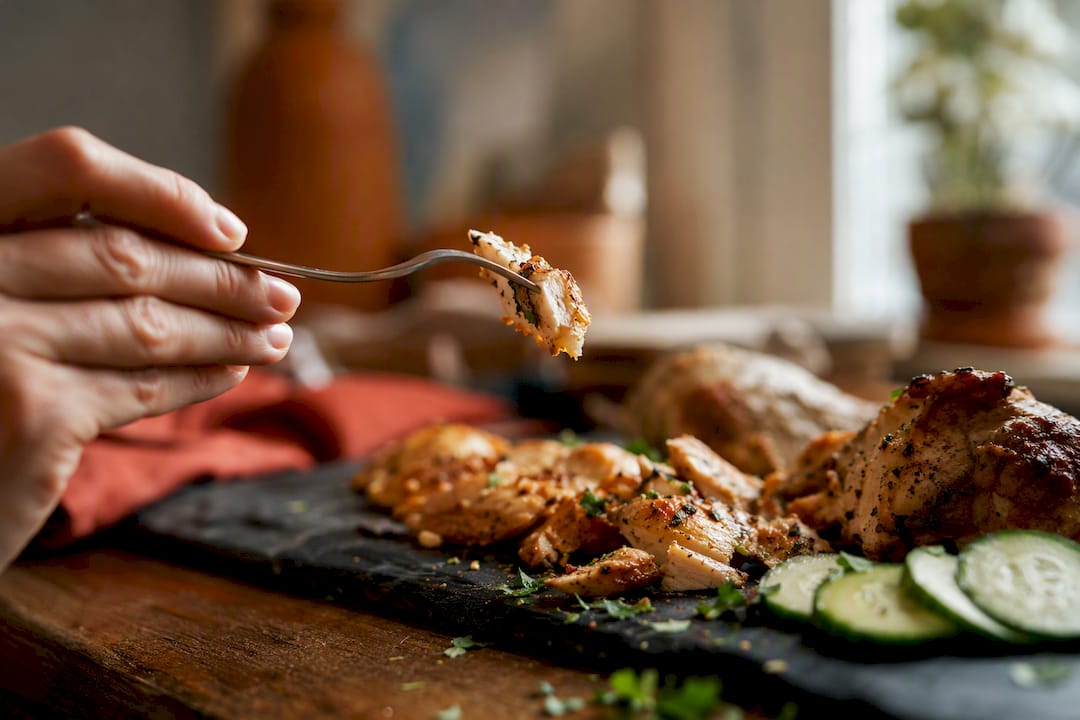 Hands tasting seasoned leftover chicken