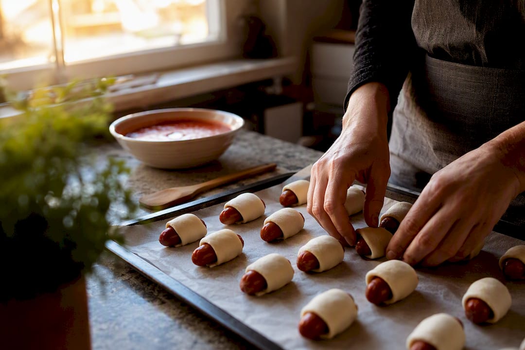 Hands arranging pigs in a blanket on sheet pan