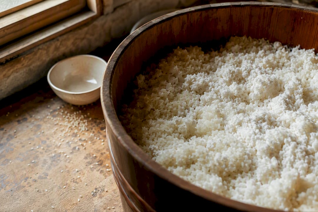 Koji mold growing on steamed rice