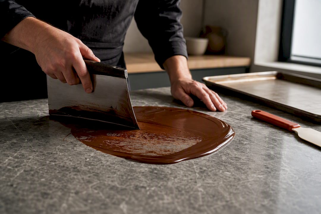 Hands working chocolate on cool stone