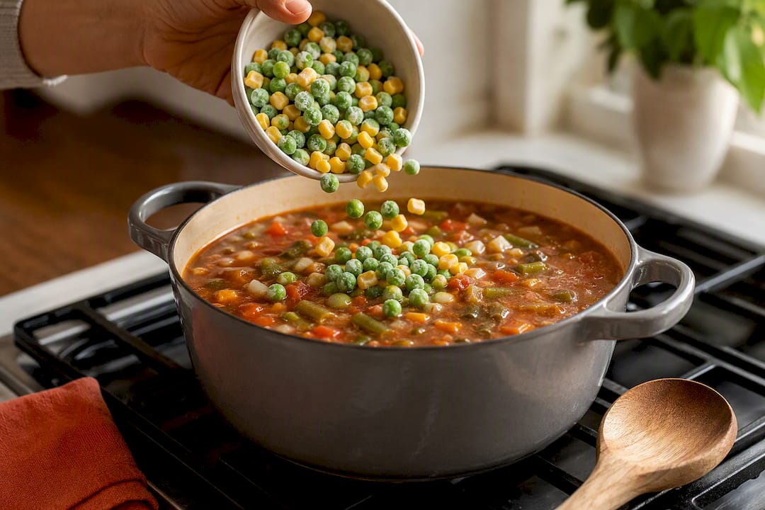 Frozen peas added to finished soup