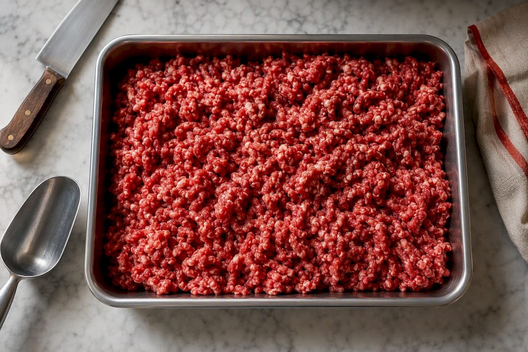Loose coarse ground beef in tray