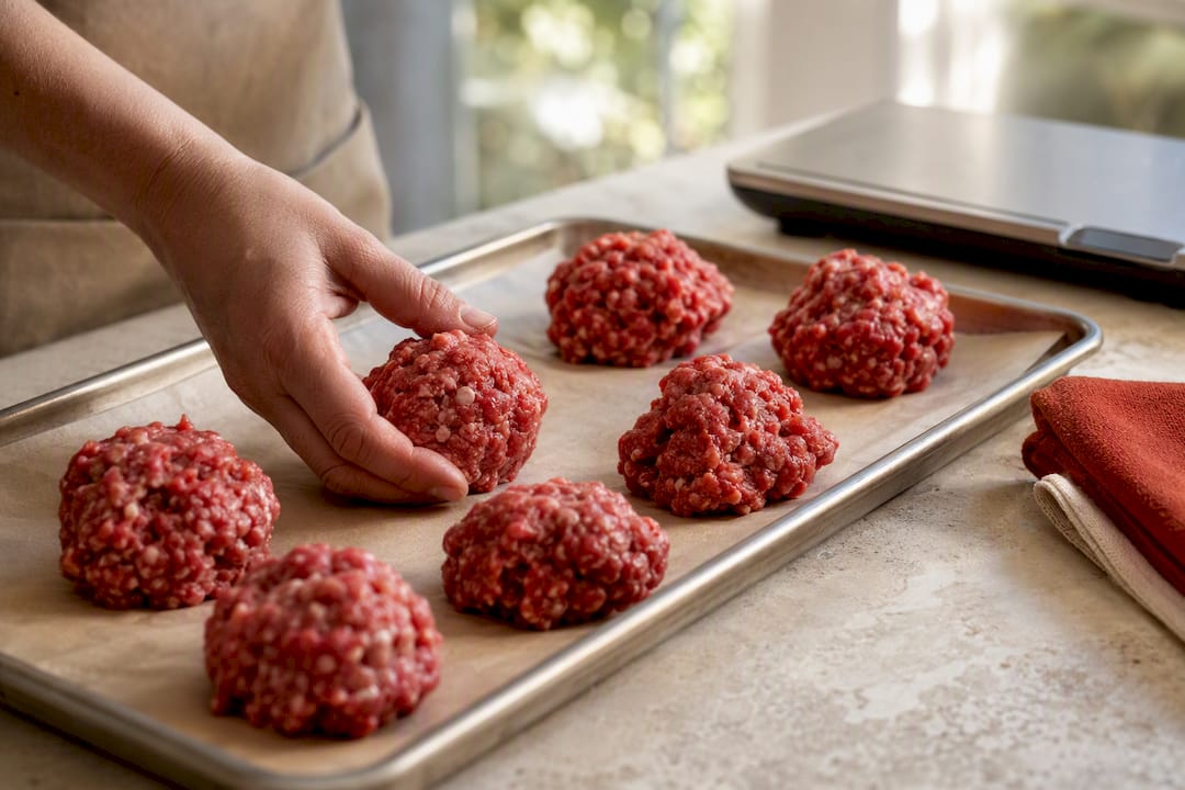 Loose beef portions staged on tray