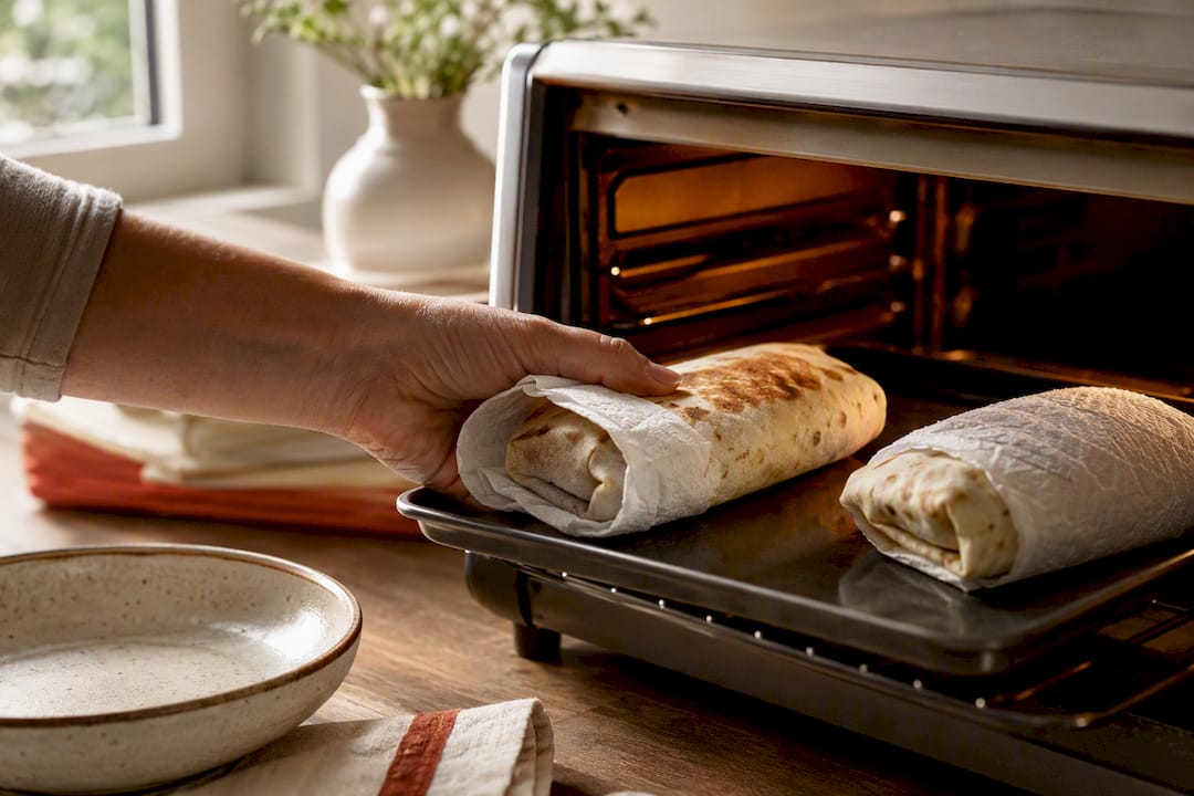 Wrapped breakfast burrito being finished in toaster oven