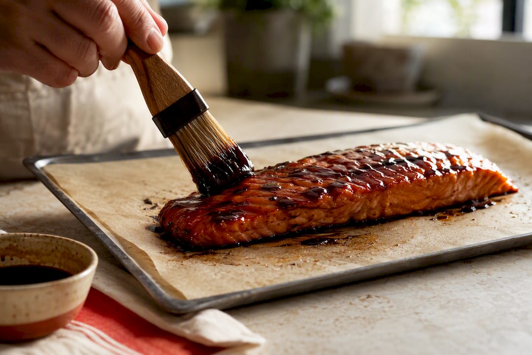 Tamari glaze coating salmon before cooking