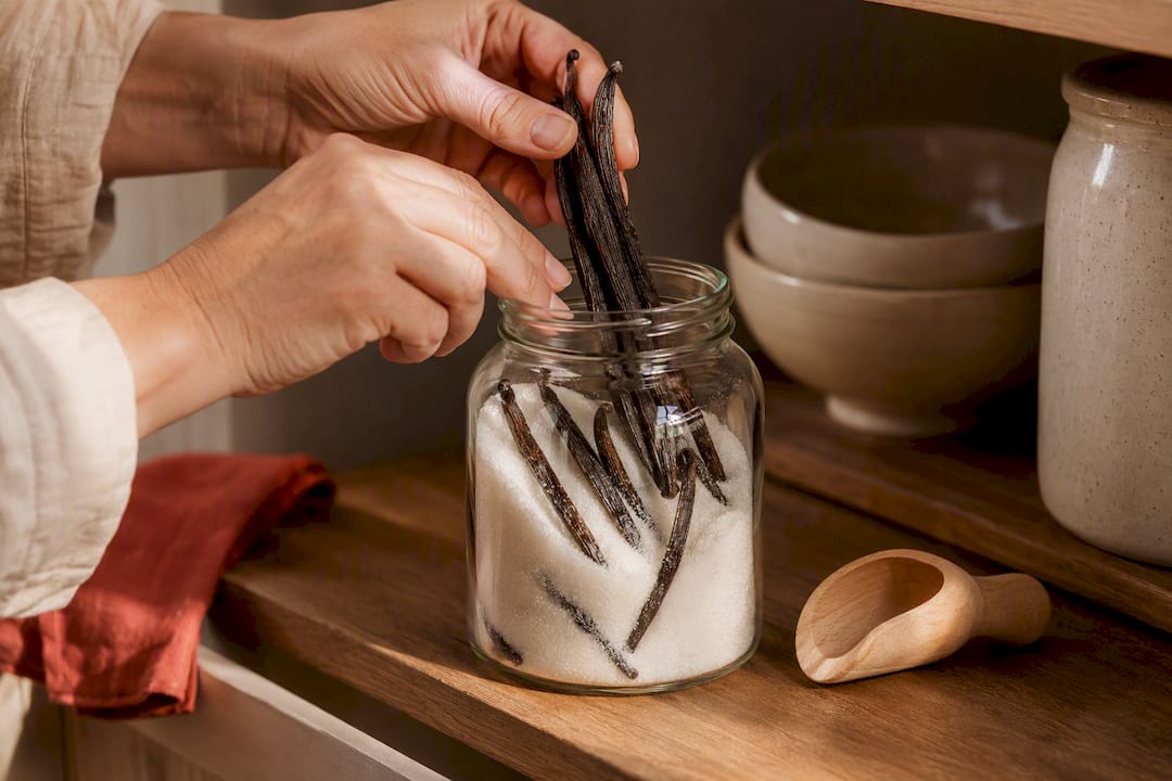 Hands placing vanilla pods in sugar jar