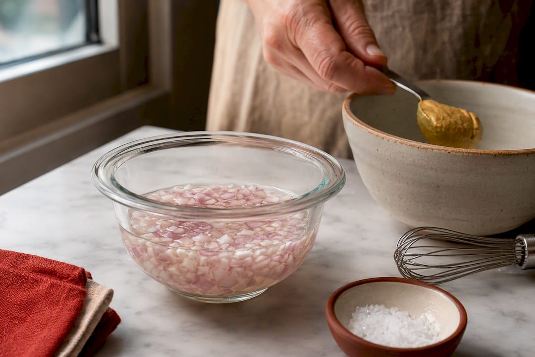 Minced shallot soaking in vinegar