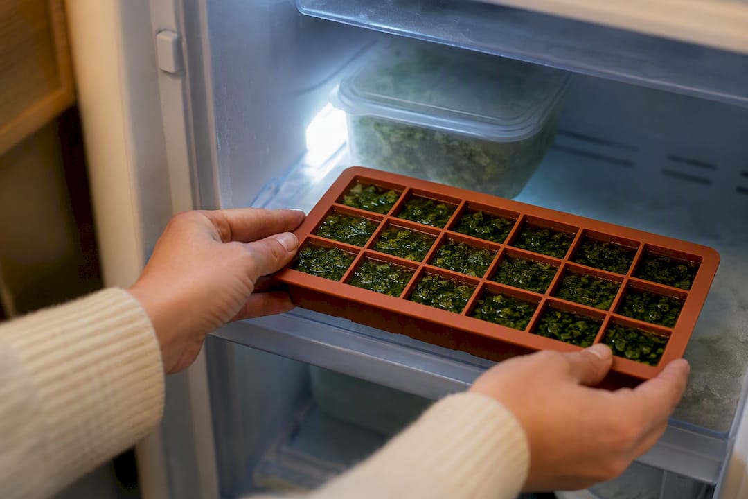 Herb oil cubes stored in freezer tray