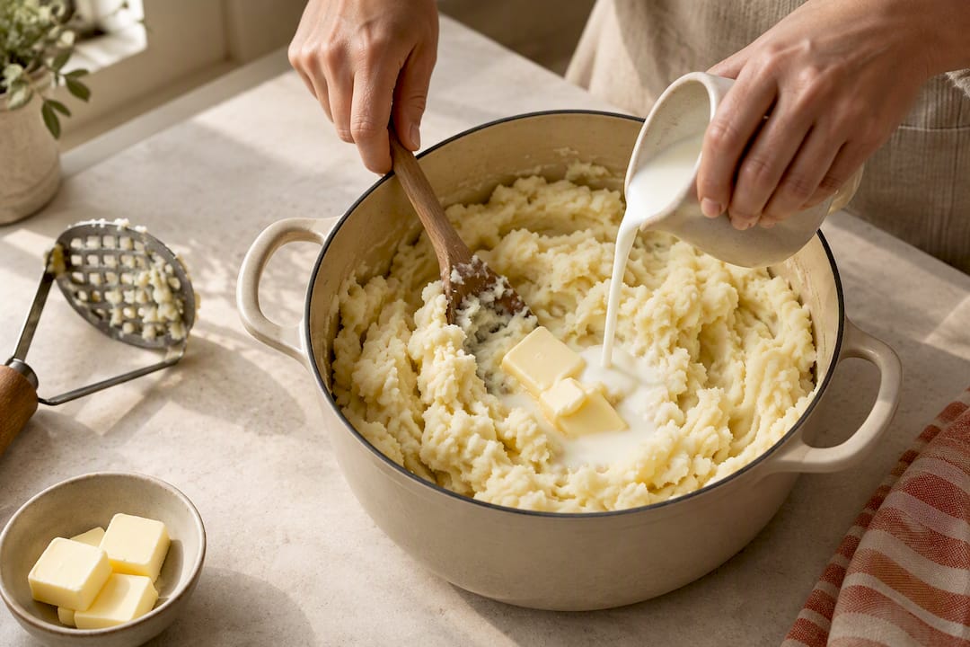 Hands folding butter into fluffy mashed potatoes