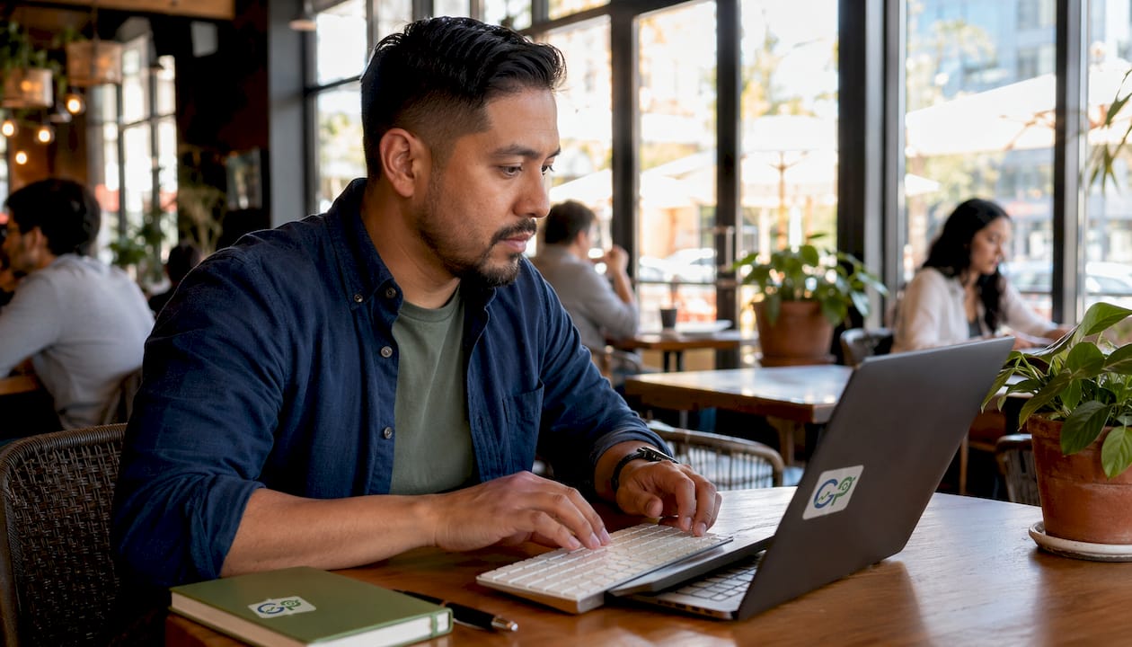 Close-up hands typing cash flow software
