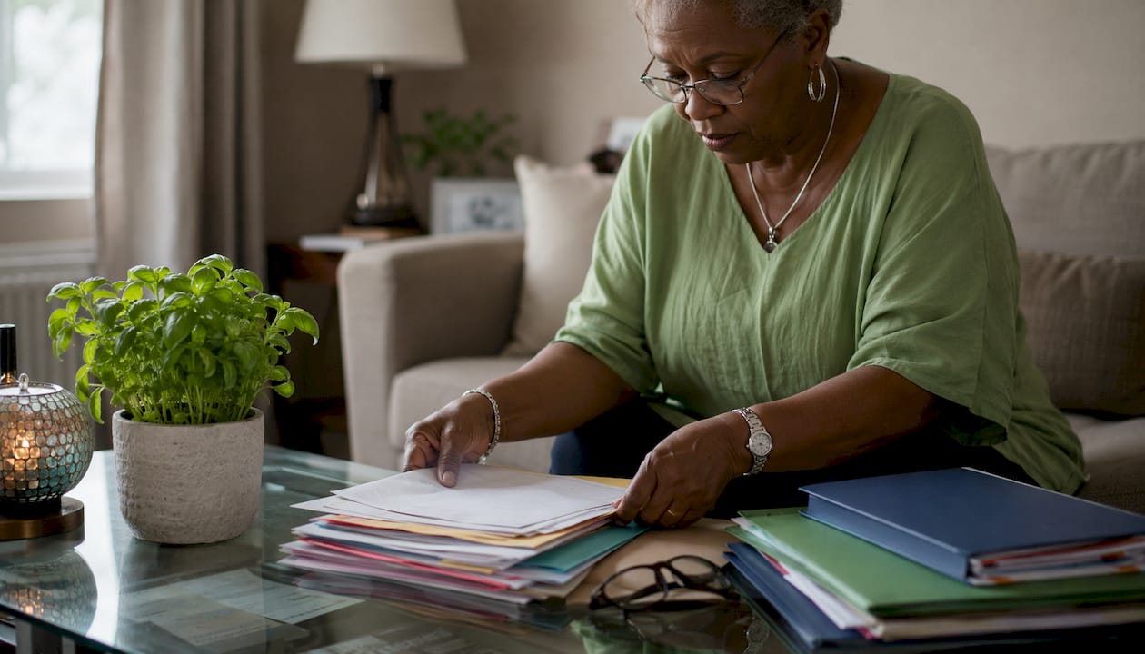 Hands organizing financial documents at home