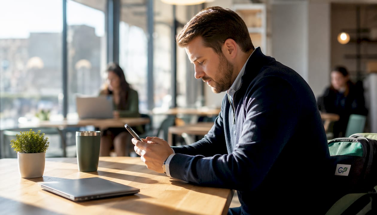 Man using property management app outdoors