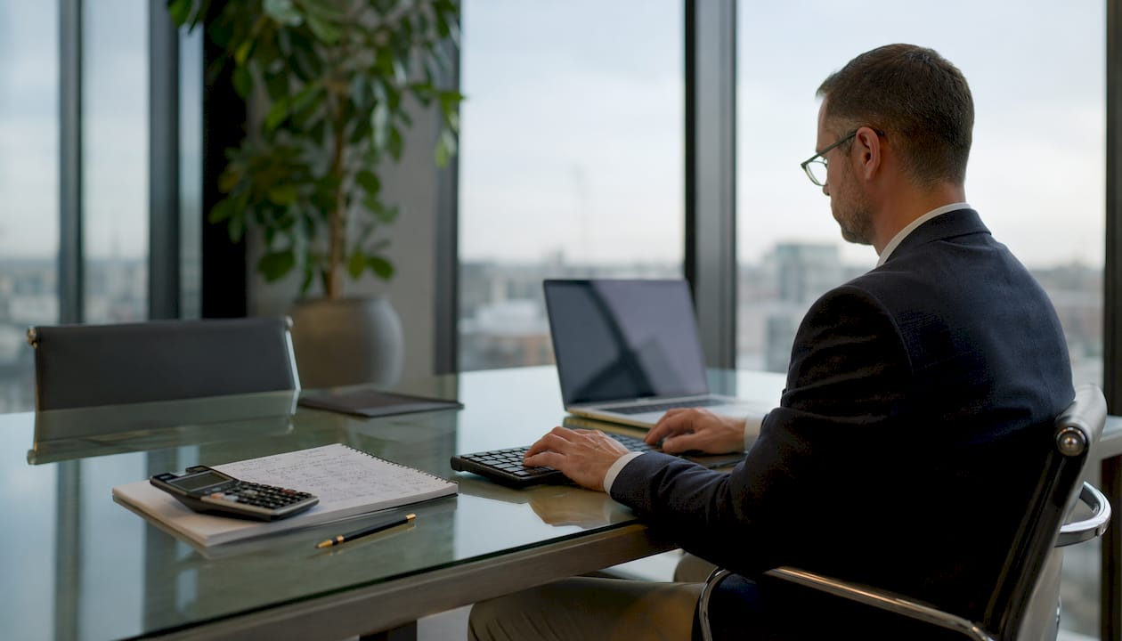 Hands typing accounting data on keyboard