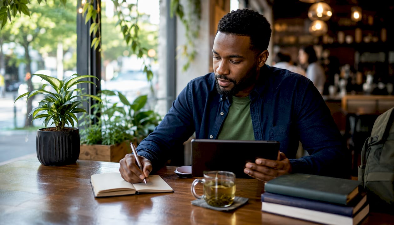 Young man managing budget with tablet and notes