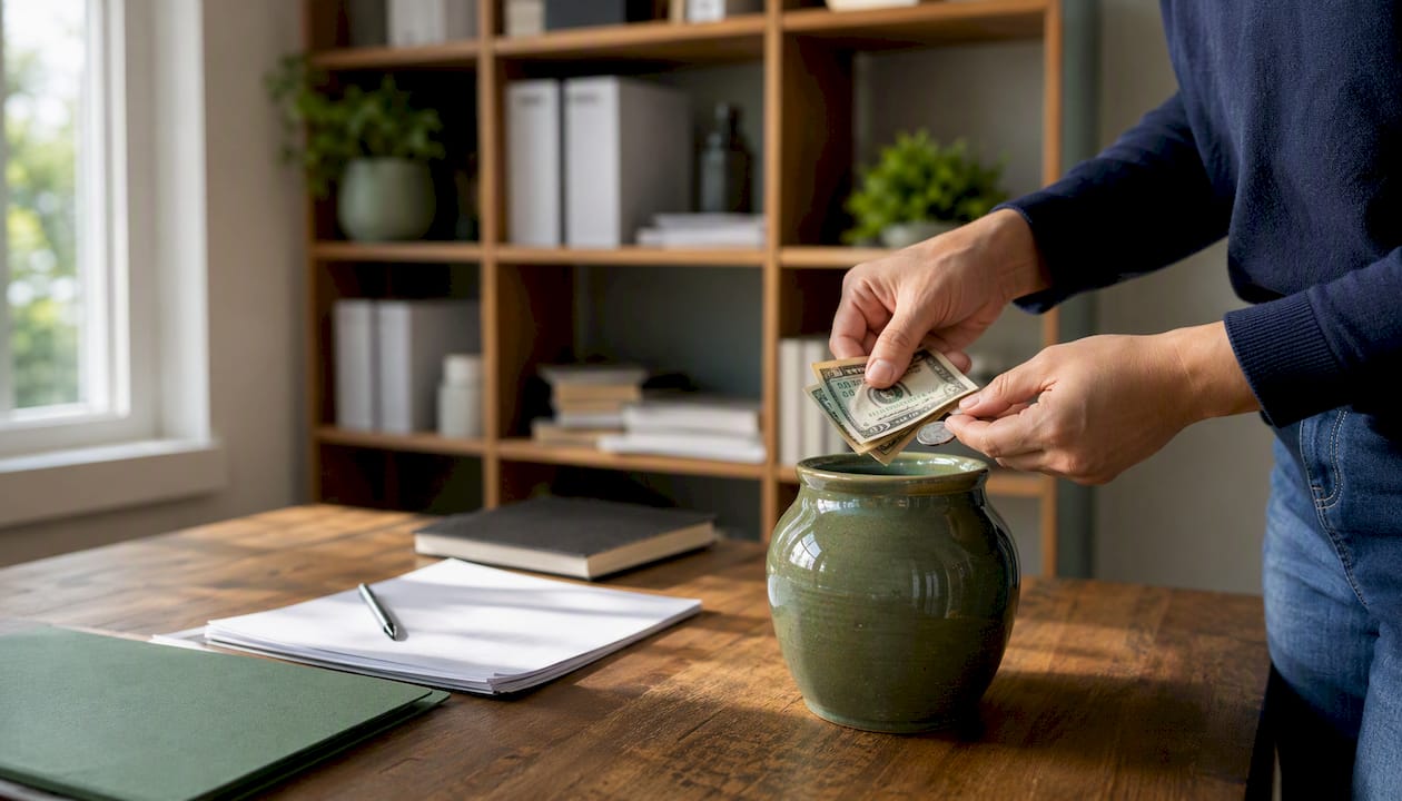 Hands putting money into tax savings jar