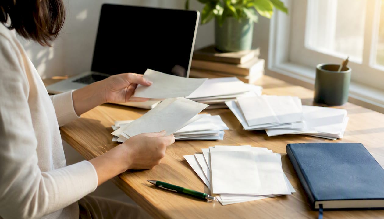 Hands organizing bookkeeping receipts and files