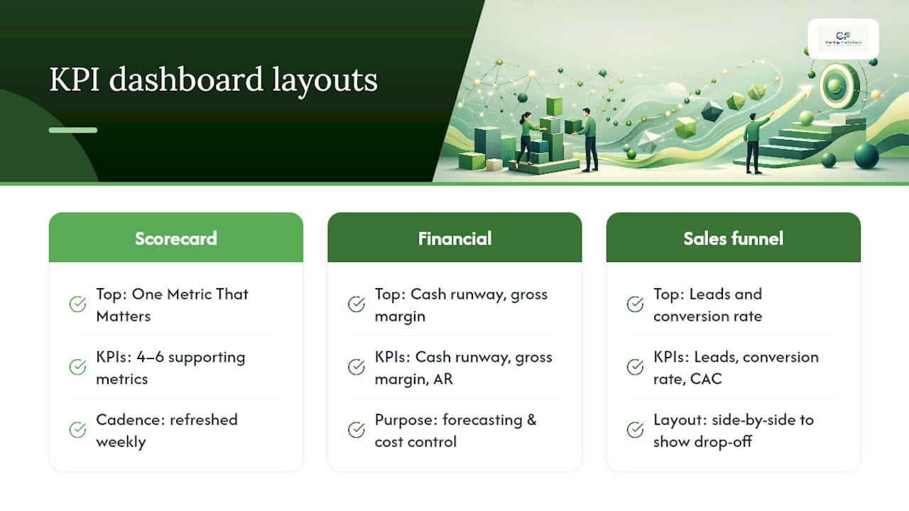 Diagram of three KPI dashboard layout types