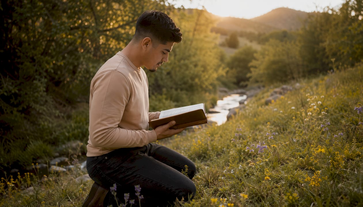 Young man reflecting on Bible outdoors
