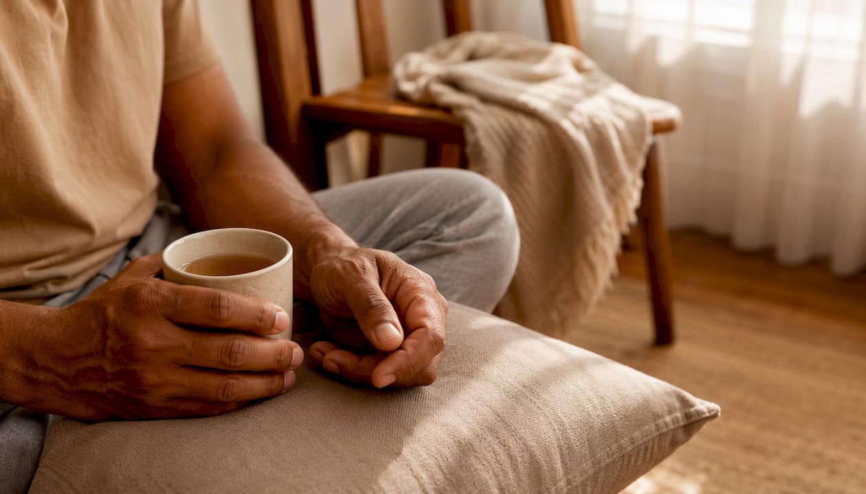 Calm hands resting with tea on table