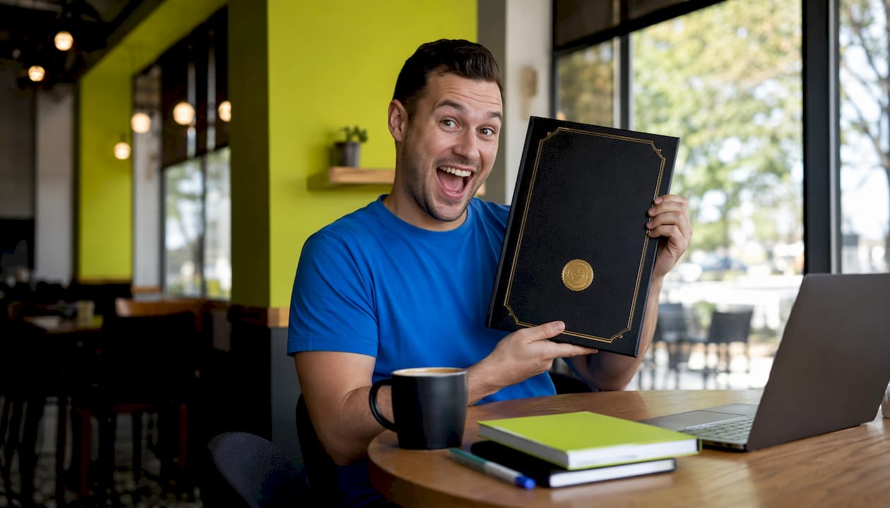Close-up of certificate folder on desk