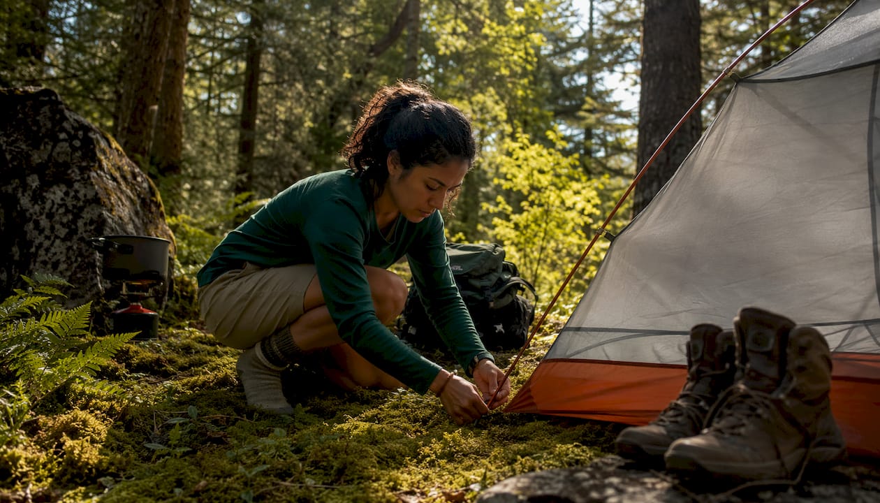 Woman pitching tent in remote forest campsite