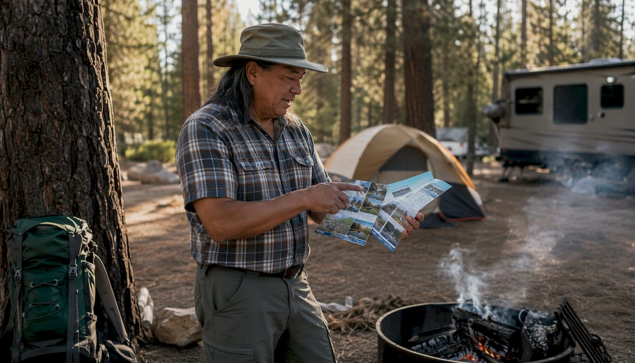 Man reviewing campsite facility brochures outdoors