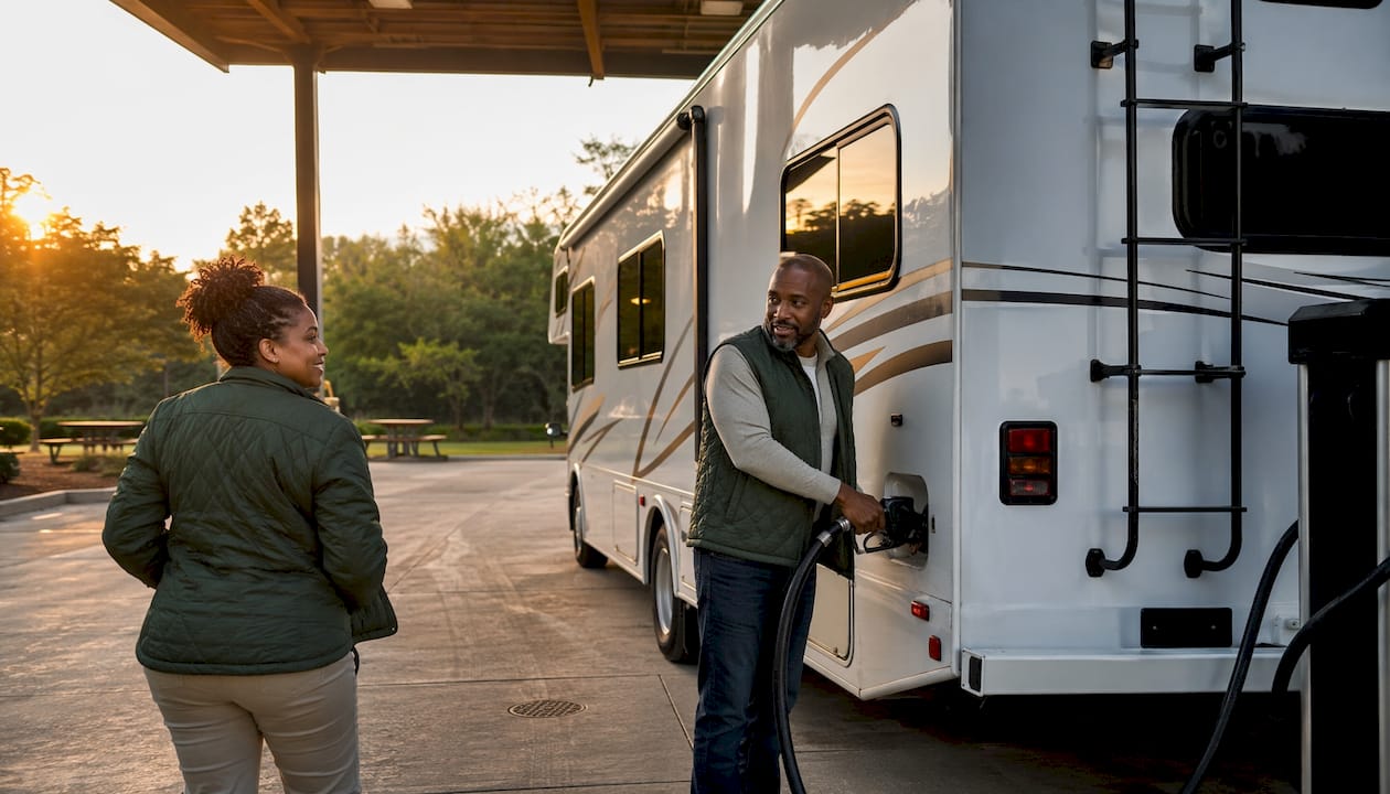 Couple fueling RV at spacious truck stop