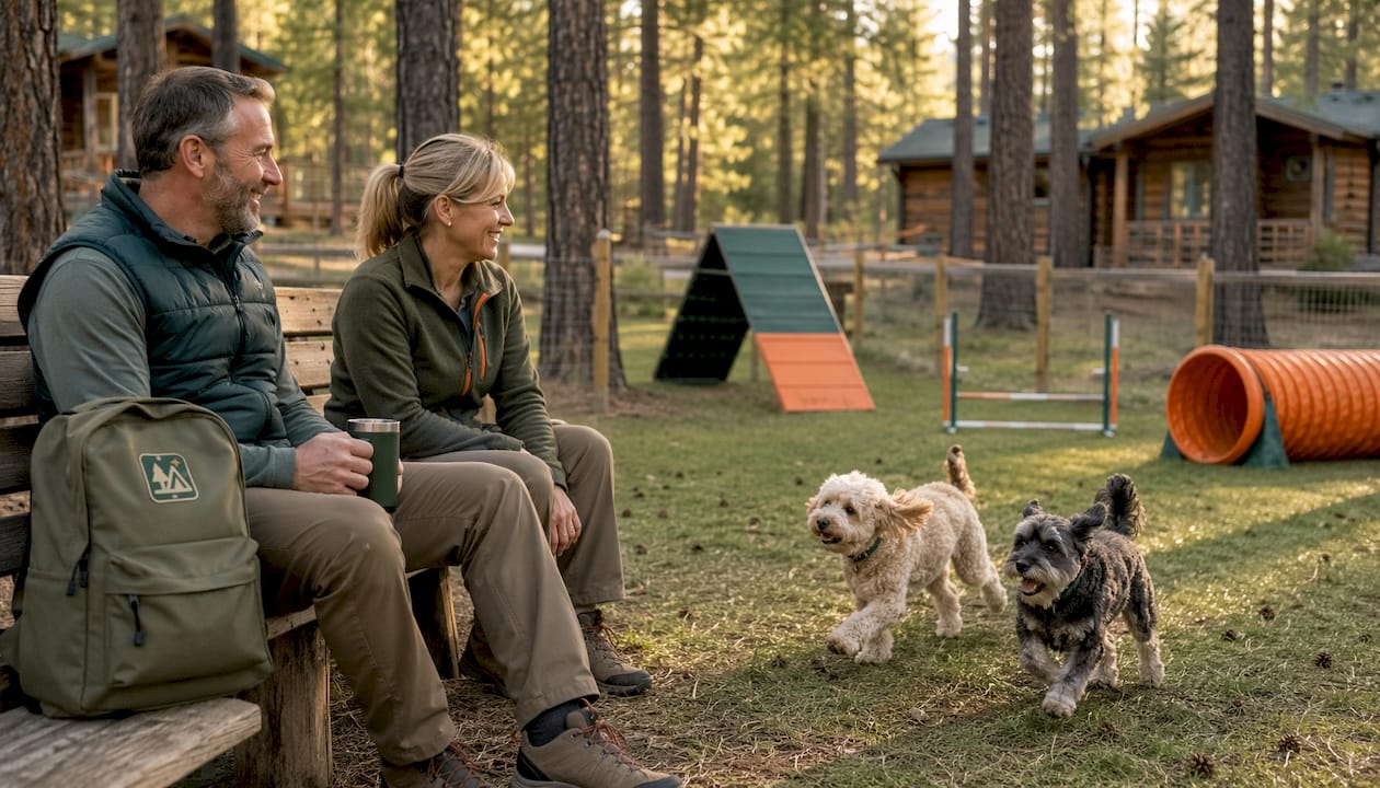 Dog agility area and cabins at dog retreat campground