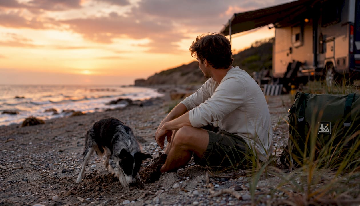 Man walking dog on sandy beach near campsites