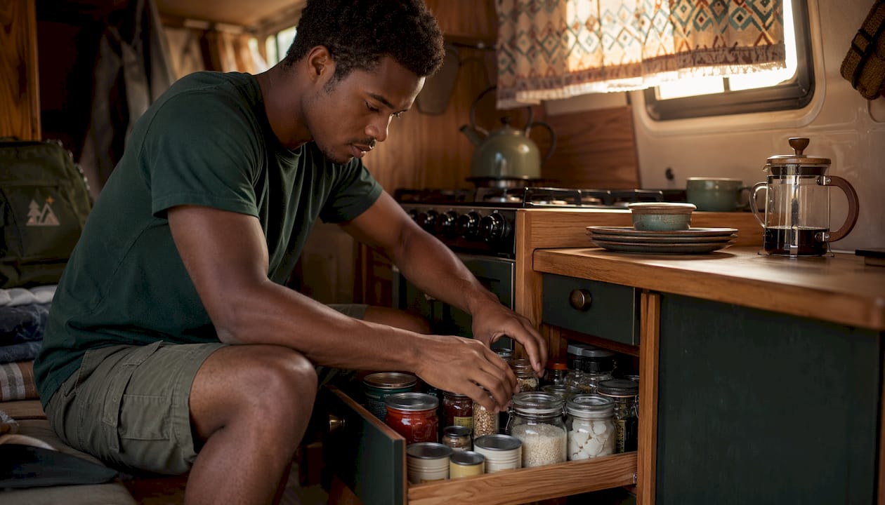 Man organizing RV kitchen pantry staples