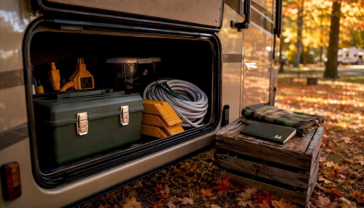 Overhead view of RV safety tools storage