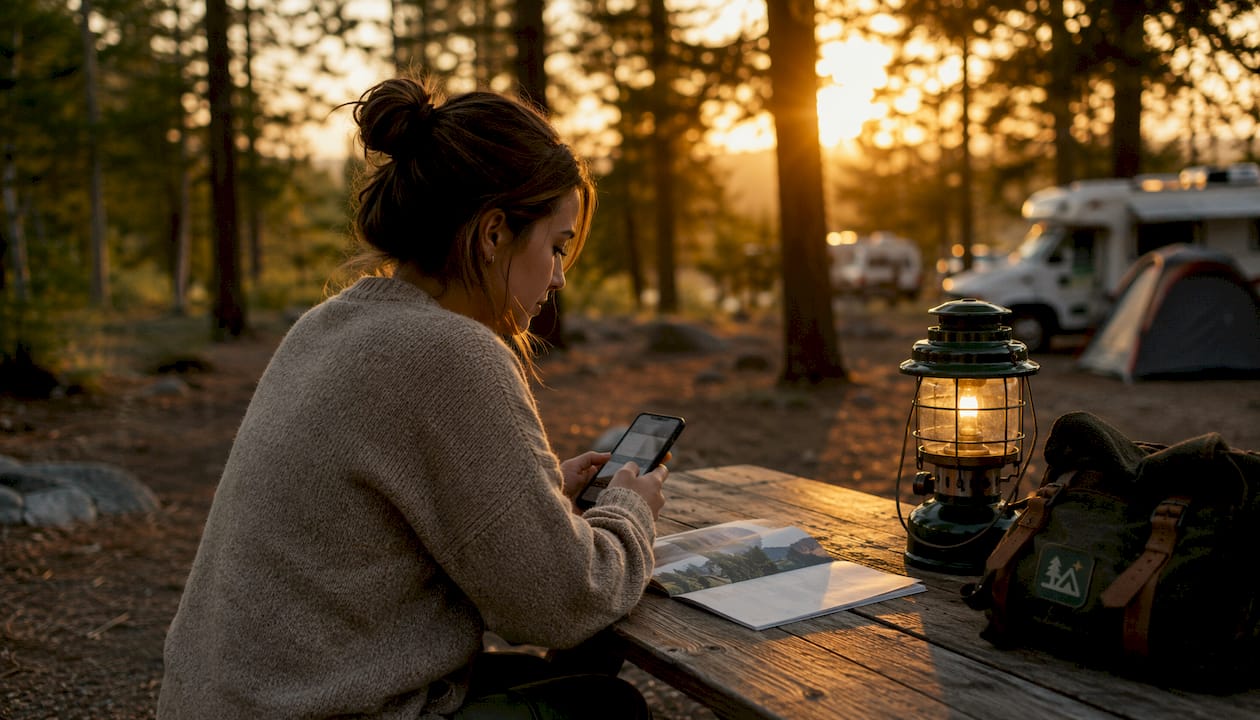 Hands holding phone browsing campsite reservations