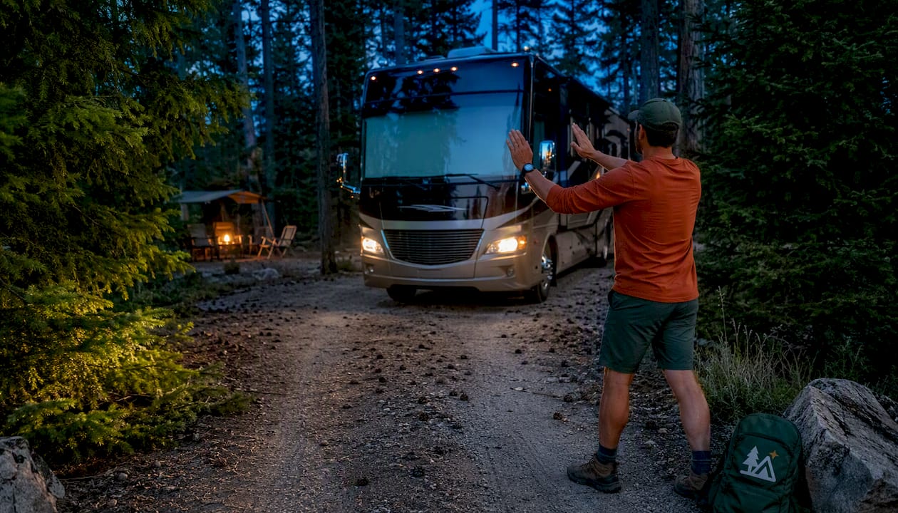 RV maneuvering campsite loop with guide