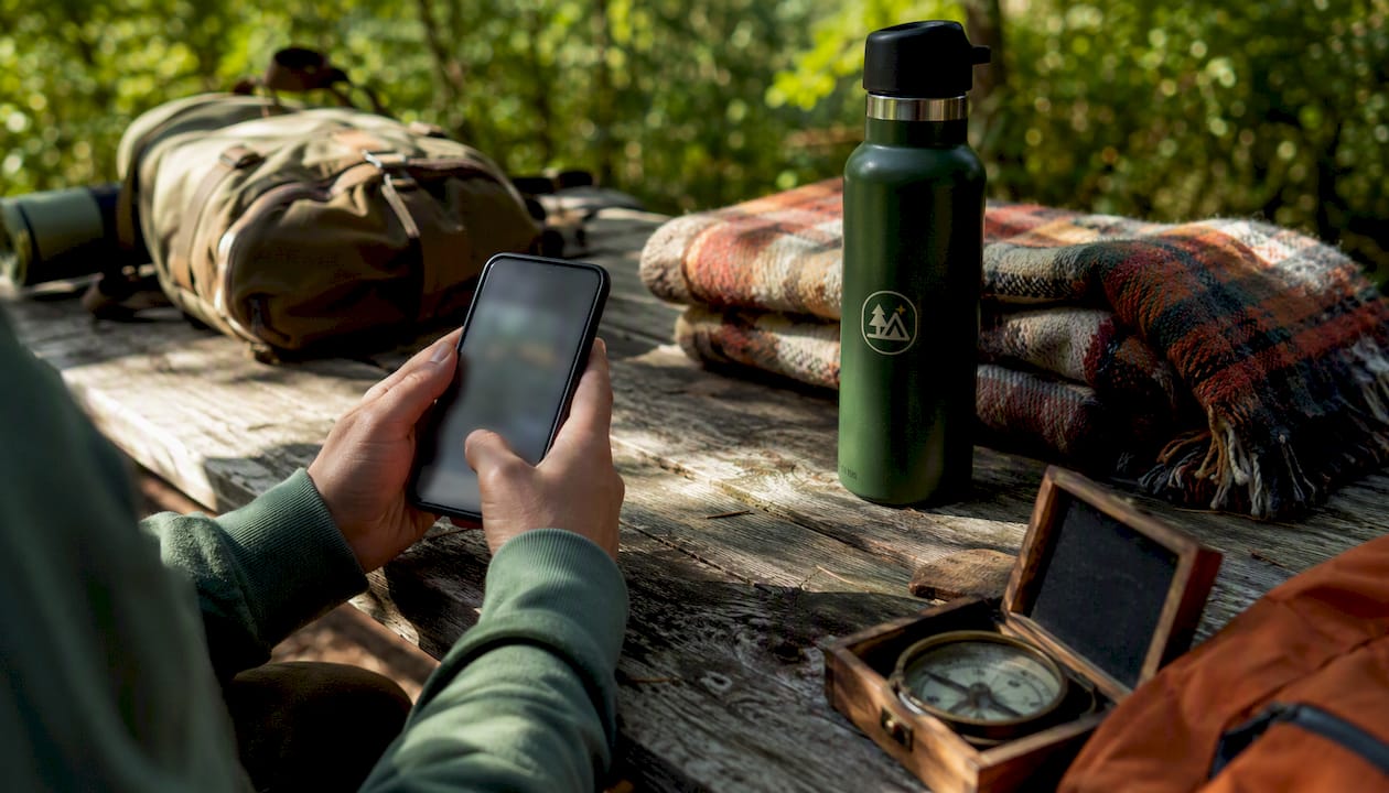 Hands interacting with RV travel app on smartphone outdoors