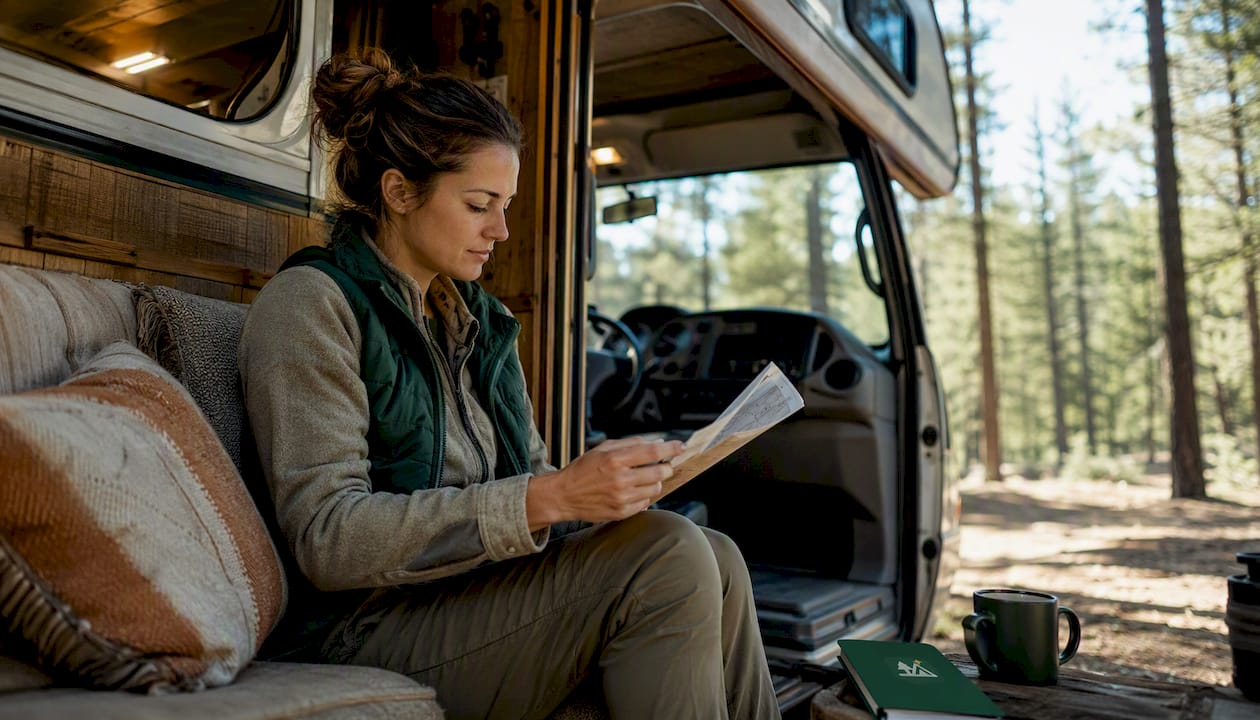 Woman reviewing itinerary and GPS inside RV cabin