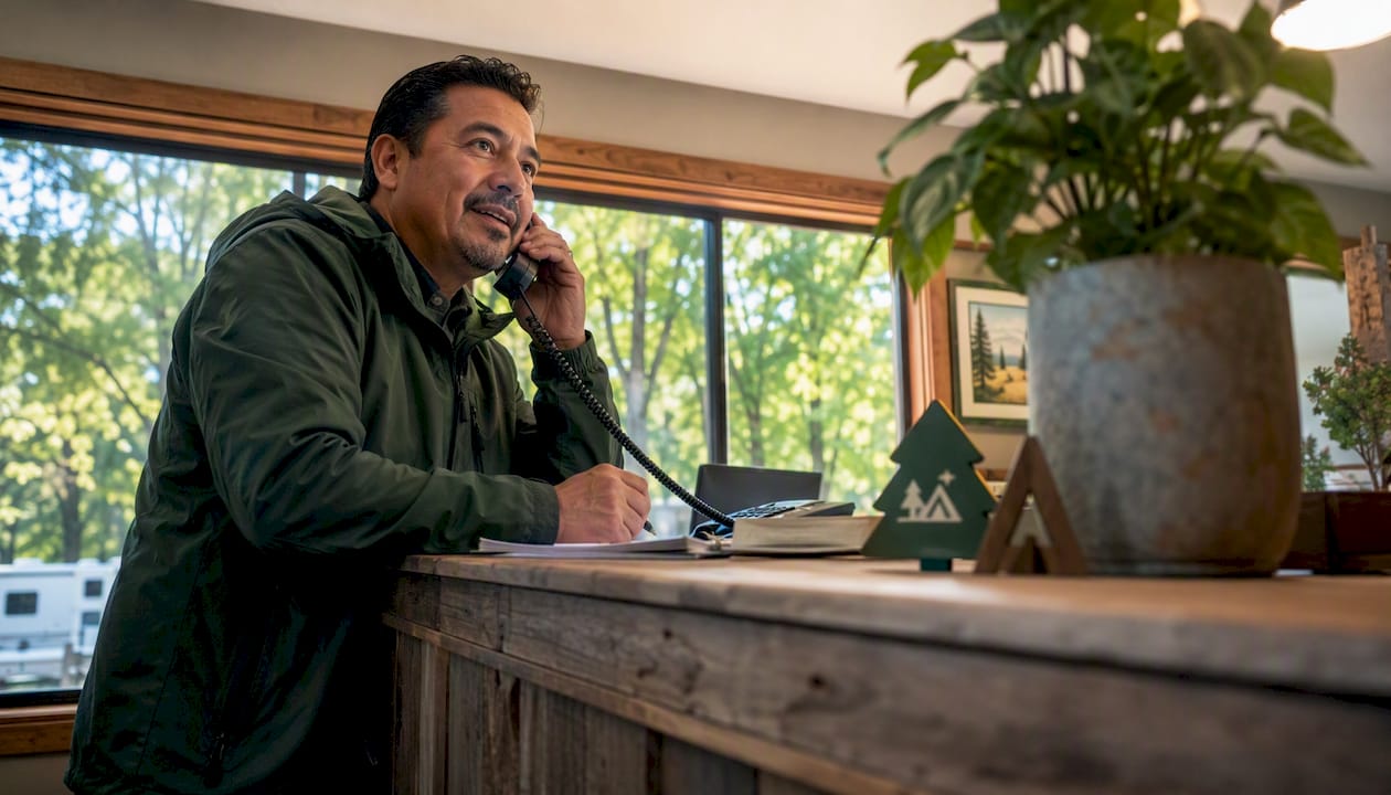 Man making RV campground booking call indoors