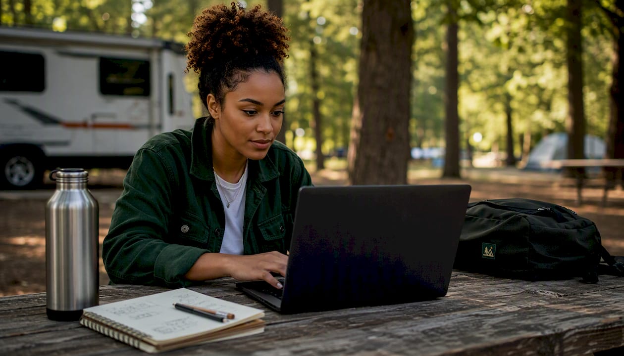 Woman using laptop to search RV campgrounds
