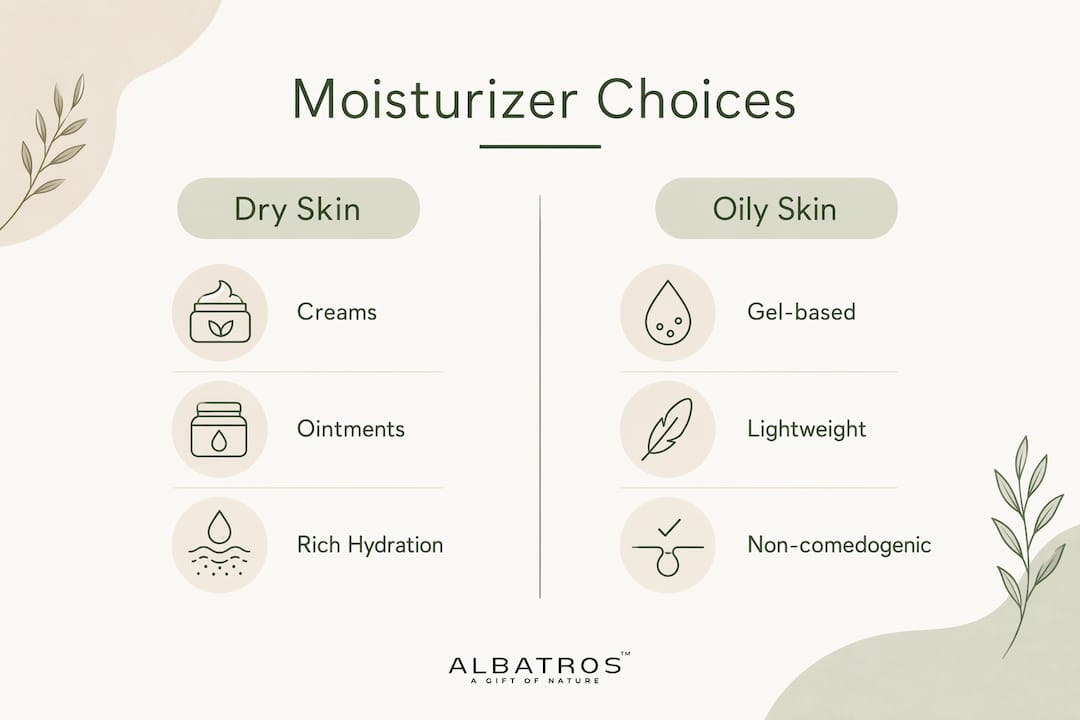 Infographic comparing moisturizers for dry and oily skin
