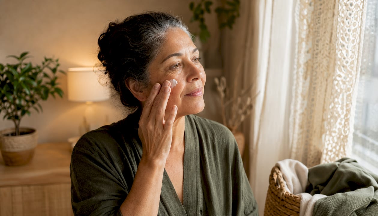 Woman applying gentle cream to face