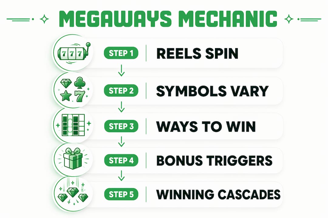 Infographic explaining Megaways slot steps and mechanics
