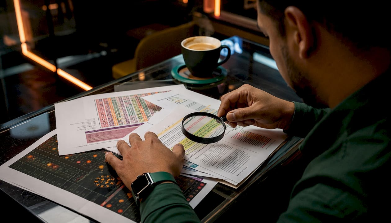 Hands inspecting casino fairness documents