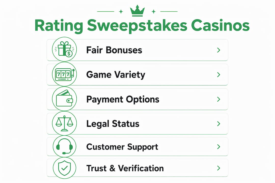 Infographic illustrating sweepstakes casino rating steps