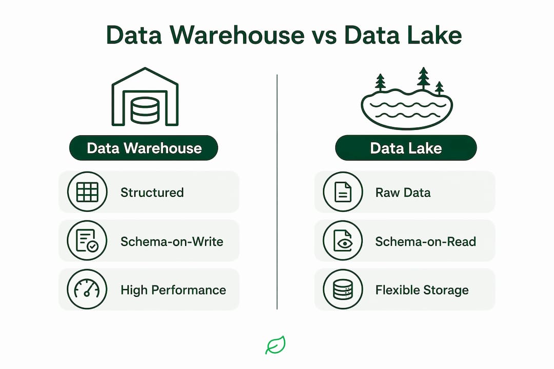Infographic comparing data warehouse and data lake features
