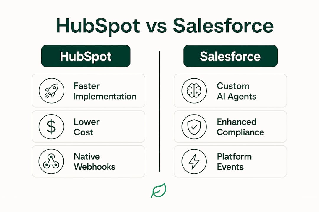 Infographic comparing HubSpot and Salesforce for AI automation