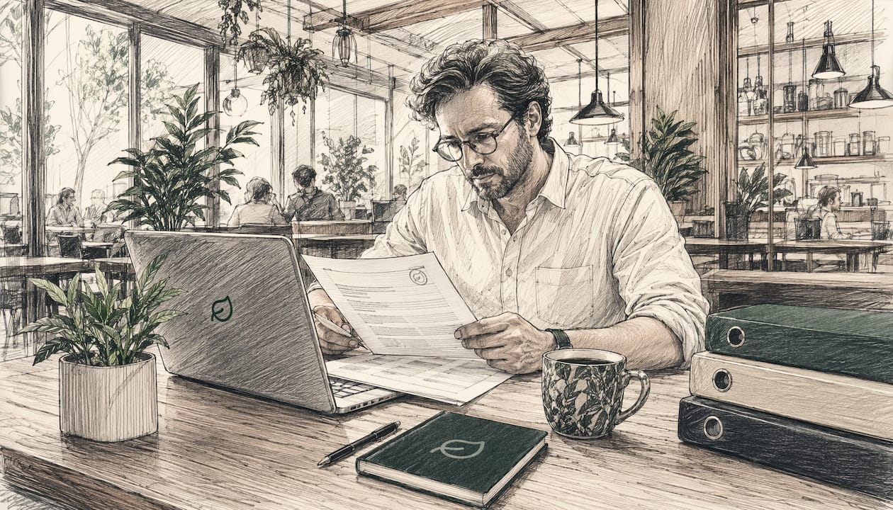 Person reviewing ecommerce compliance documents at desk