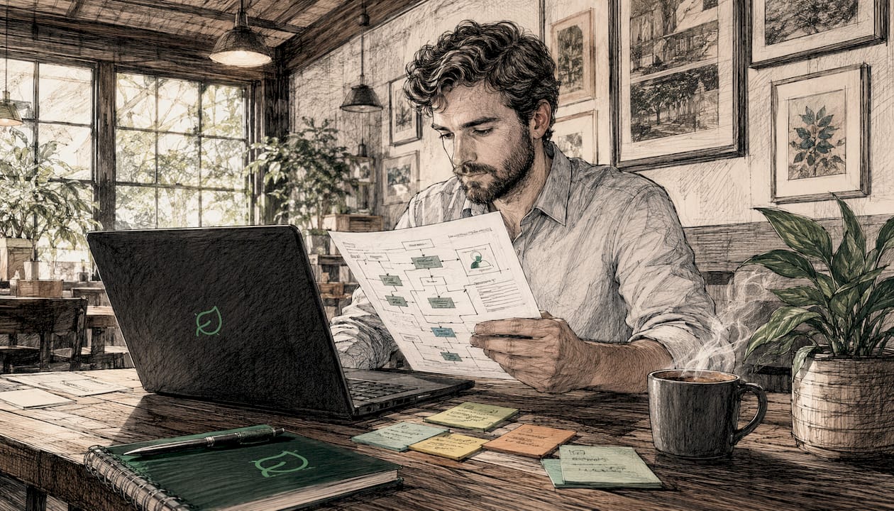 IT specialist reviewing support workflow printout