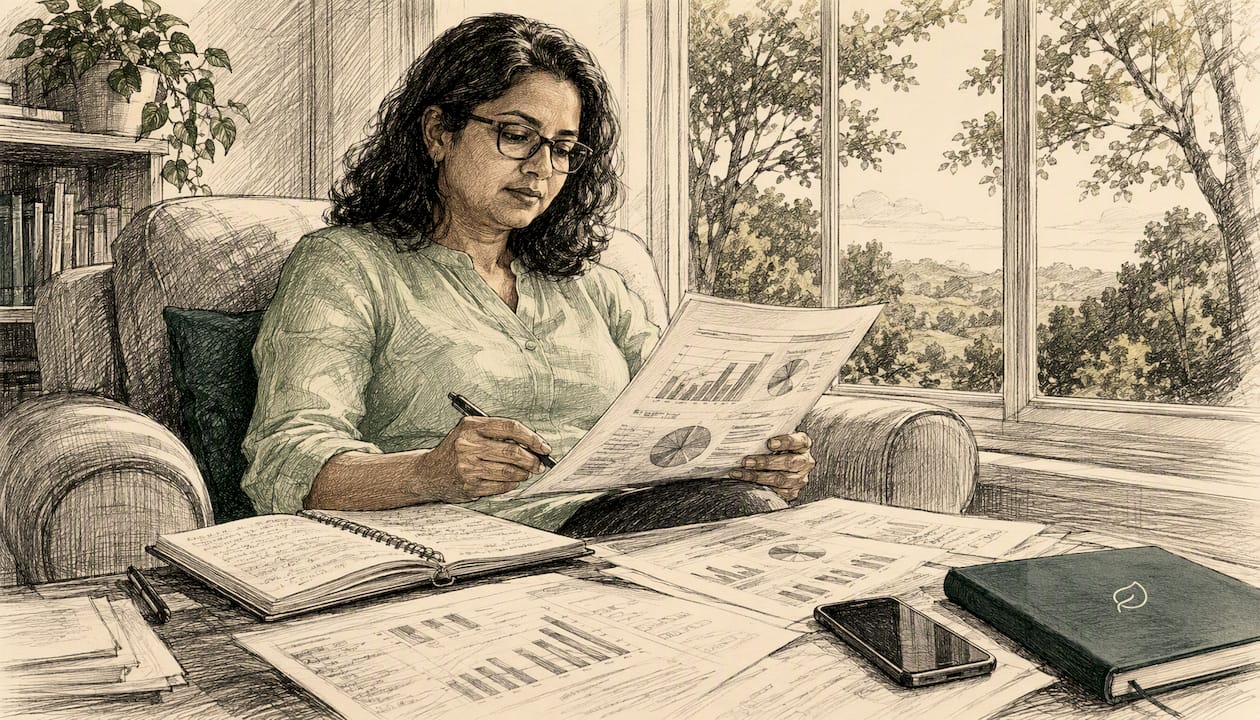 Analyst reviewing lead scoring phases in office