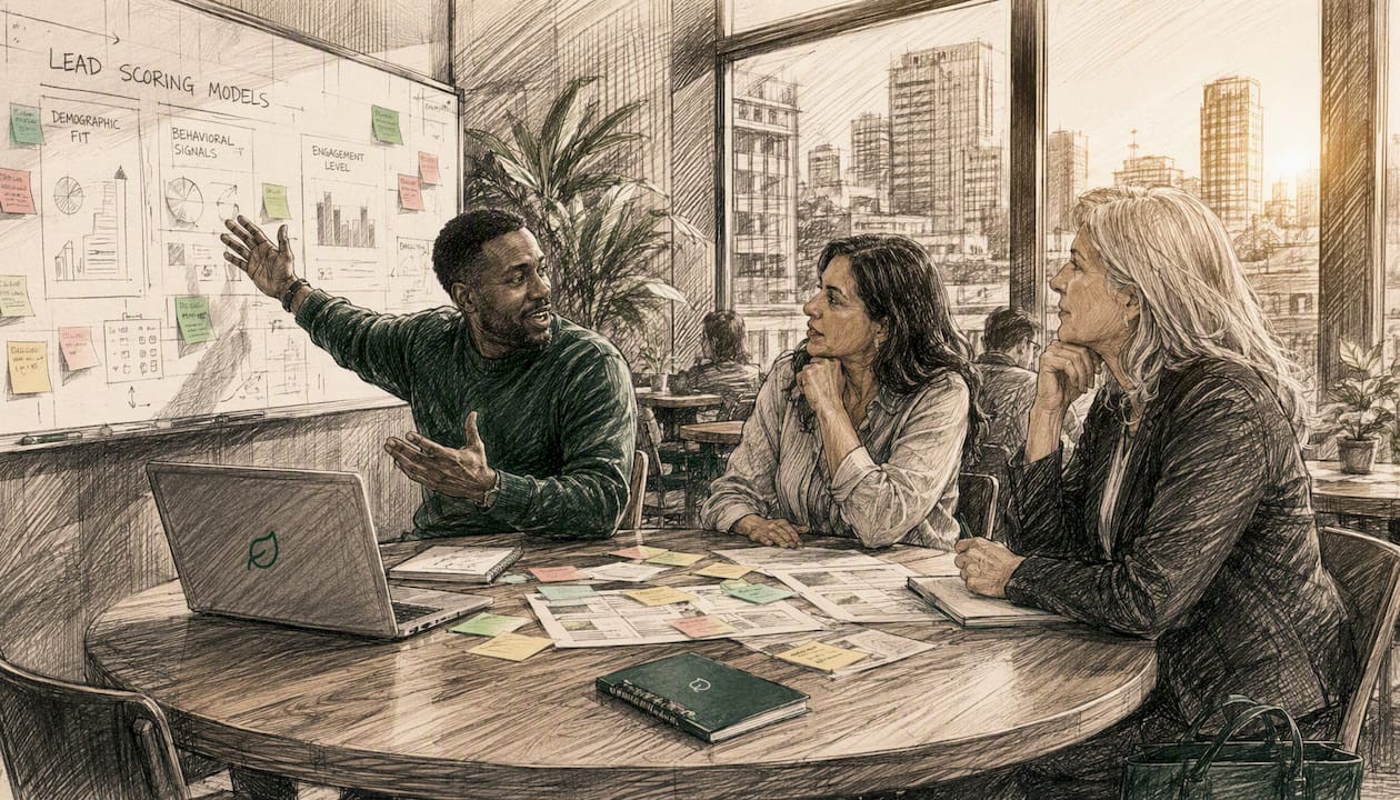 Team discussing lead scoring model types in meeting