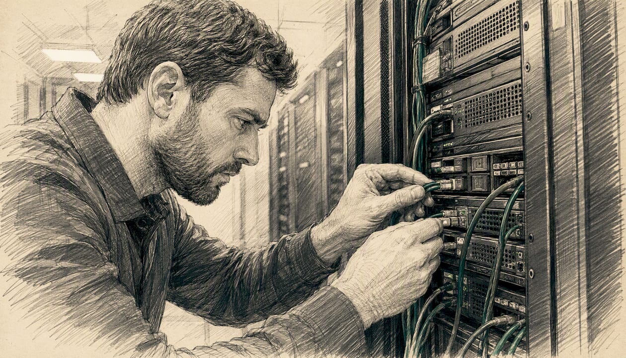 Hands fixing data pipeline hardware